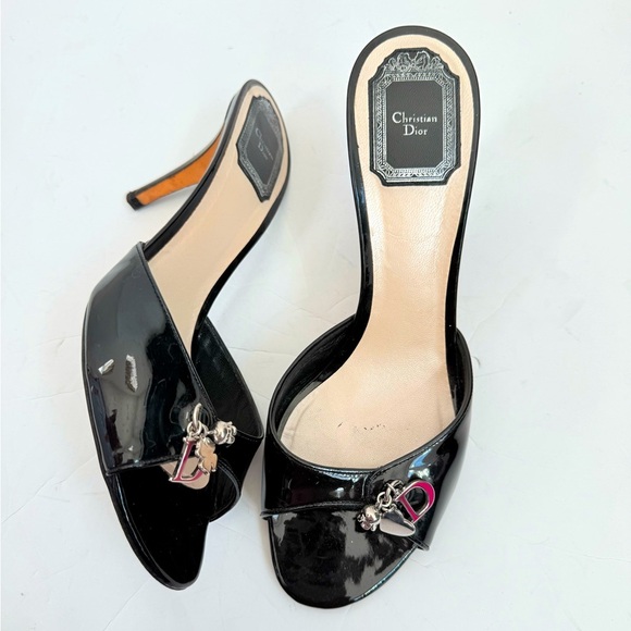 Dior Shoes - Dior Black Patent Leather Open-Toe Heels with Silver & Pink 'D' Charms